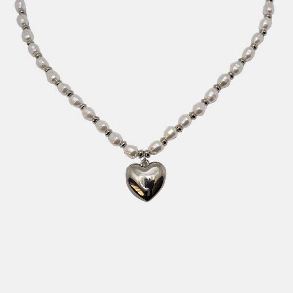 Silver Heart Charm Pearl Necklace